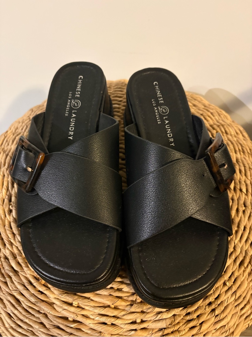 NEVER WORN! Chinese Laundry Black Cross-Band Slide Mules with Buckle Accent